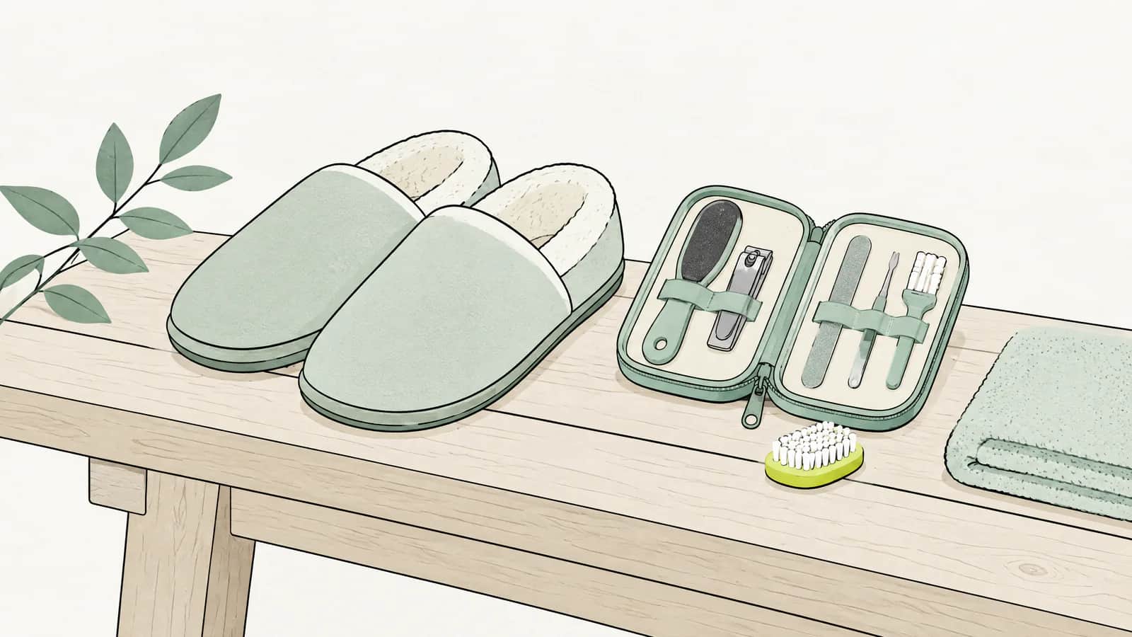Illustration: Paar weiche Hausschuhe neben einem kleinen Fusspflege-Set auf einer Holzbank