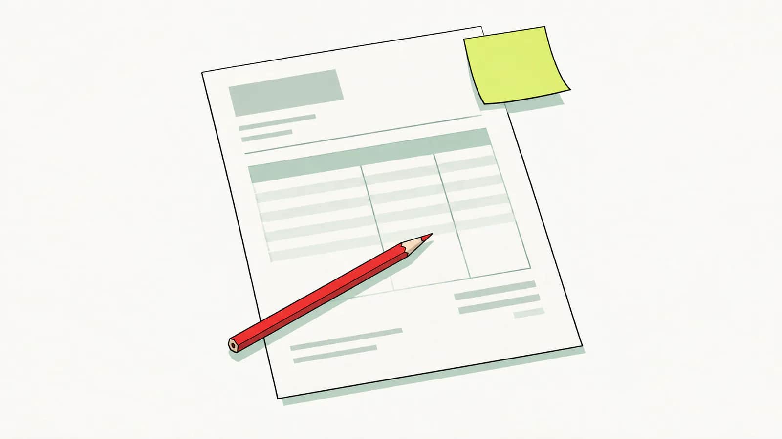 Illustration: roter Stift auf einer gedruckten Rechnung, an der Ecke klebt ein leerer Notizzettel