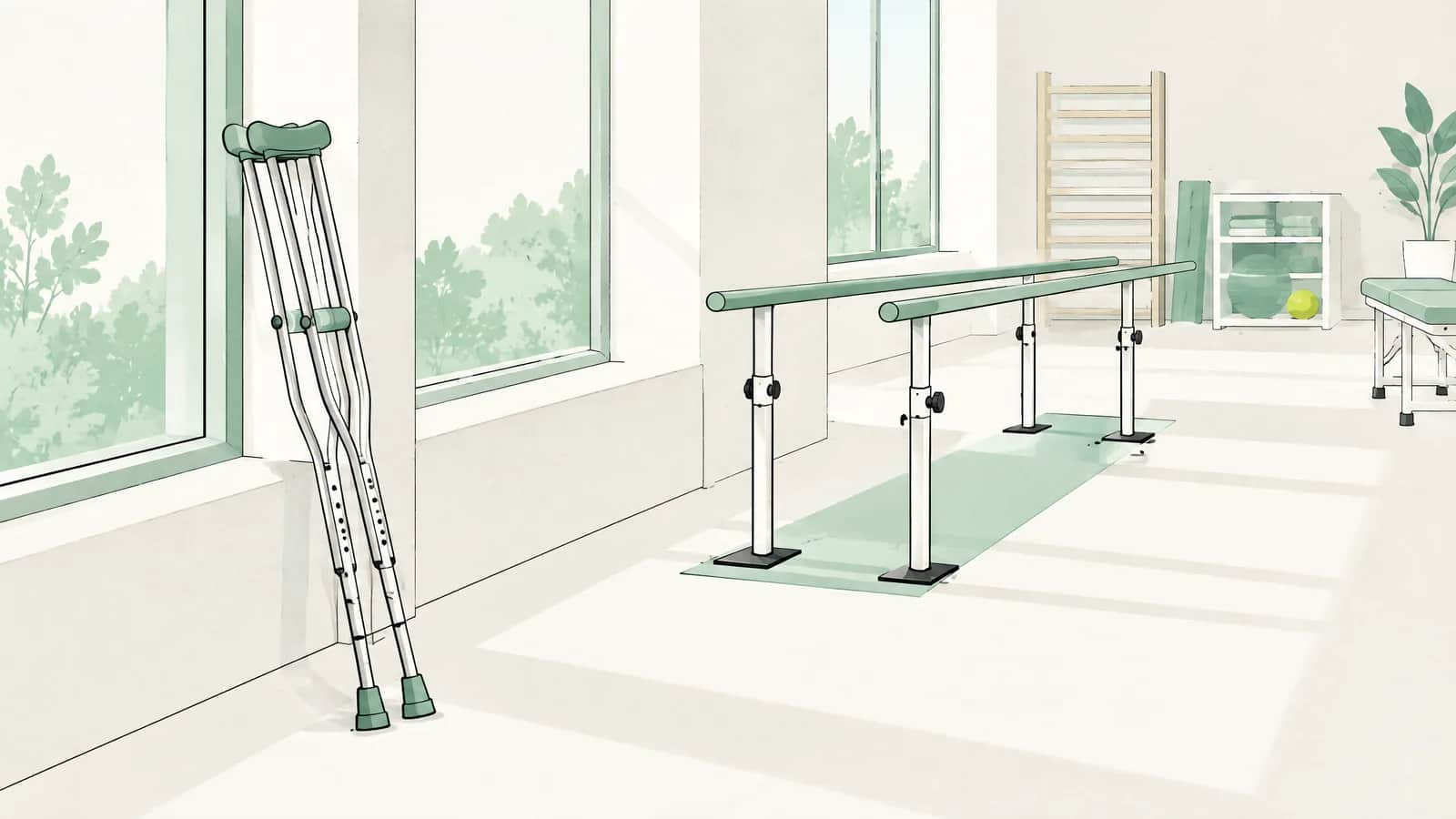 Illustration: Zwei Krücken lehnen an einem Fenster, dahinter Gehbarren in einem hellen Therapieraum