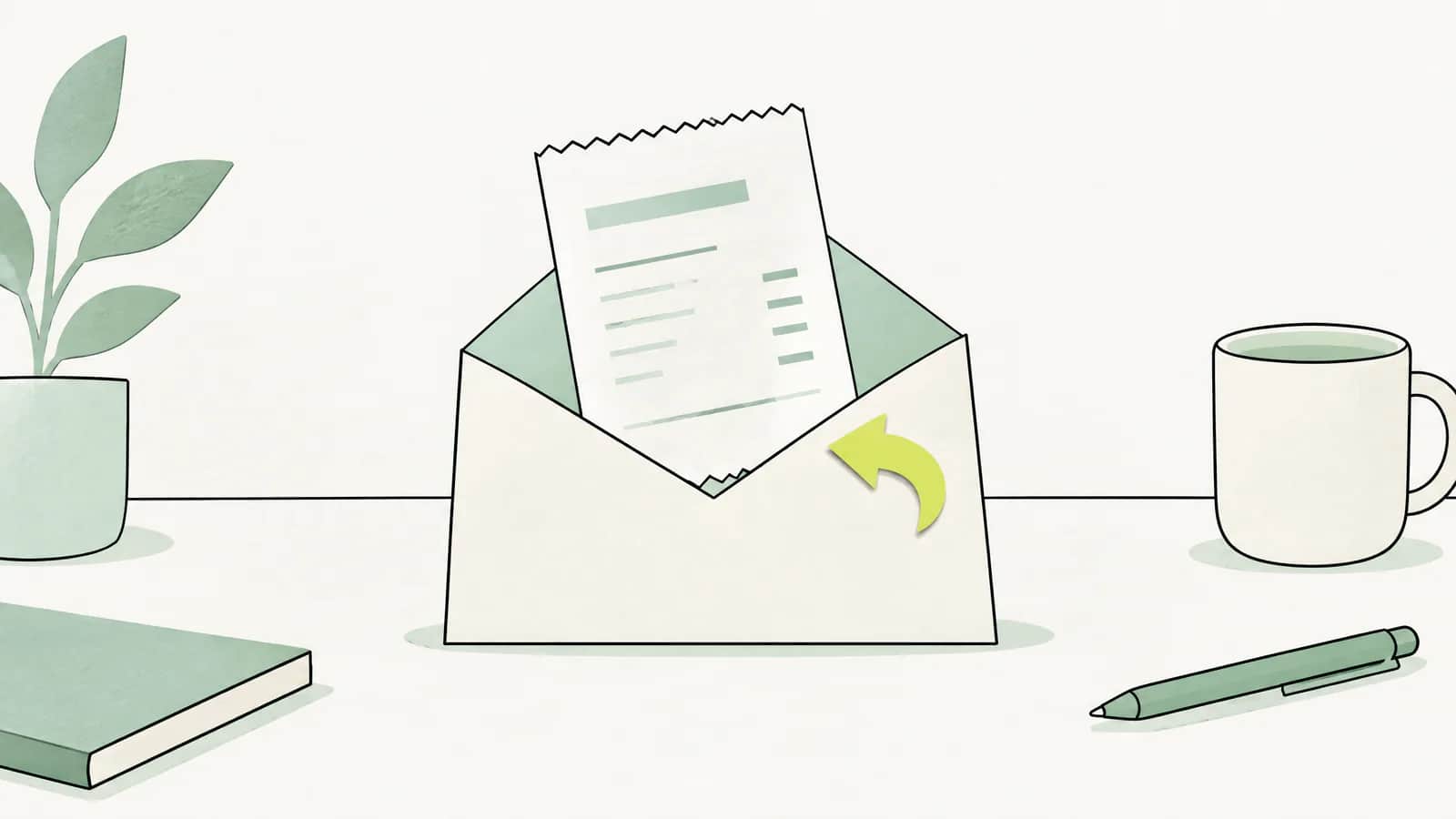 Illustration: Papierquittung in einem Briefumschlag, daneben ein kleiner zurückweisender Pfeil aus Papier auf einem Schreibtisch