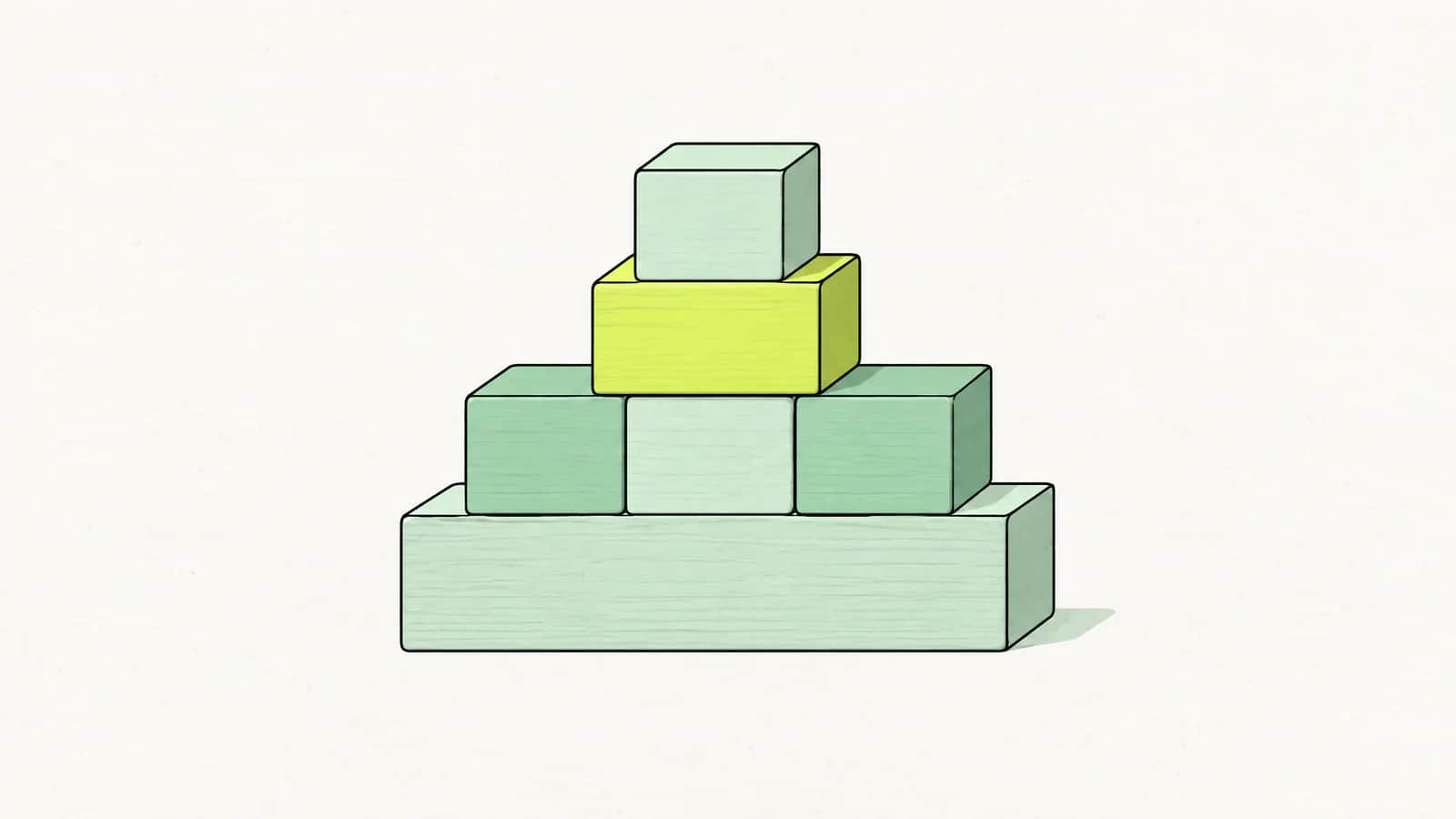 Illustration: Modell aus Holzklötzen mit breitem Grundblock und kleineren wählbaren Blöcken obenauf