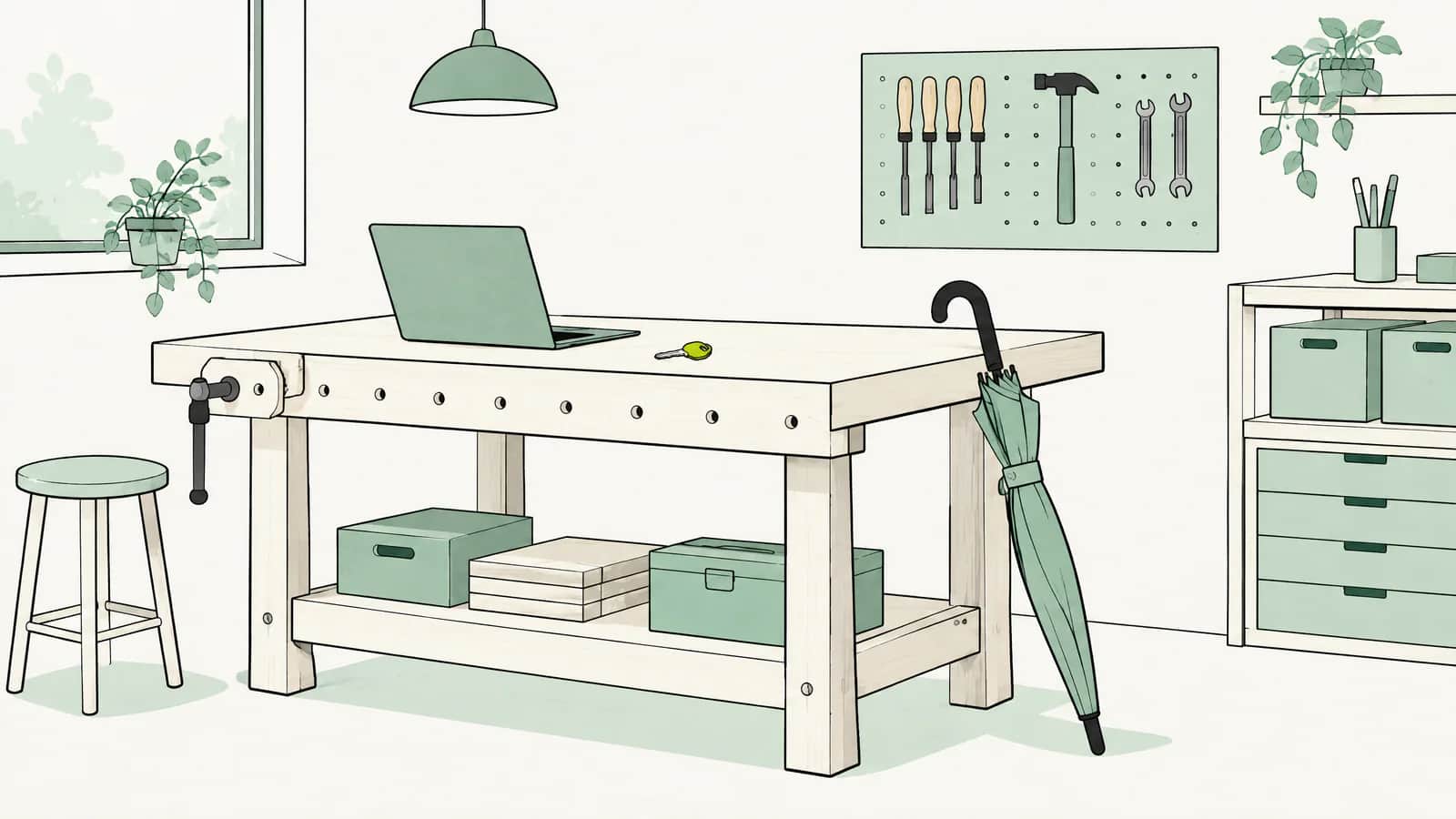 Illustration: Laptop, kleiner Ladenschlüssel und ein kräftiger Regenschirm an einer Werkbank in einer aufgeräumten Werkstatt