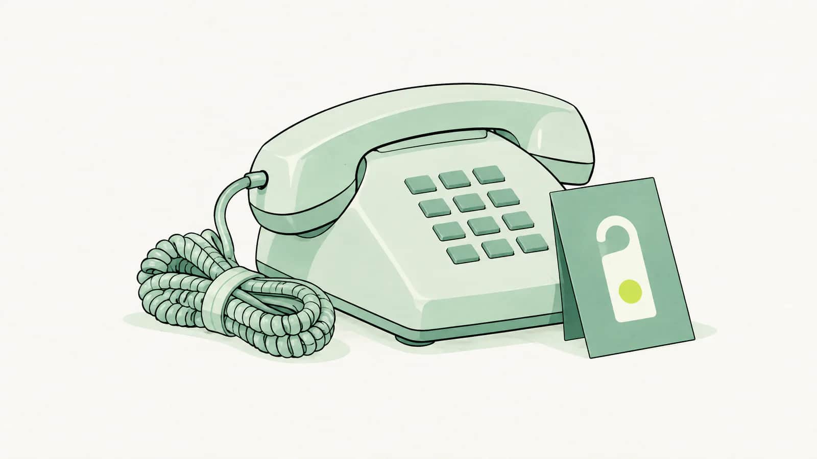 Illustration: Festnetztelefon mit ordentlich aufgewickeltem Kabel, daneben ein kleines Bitte-nicht-stören-Kärtchen