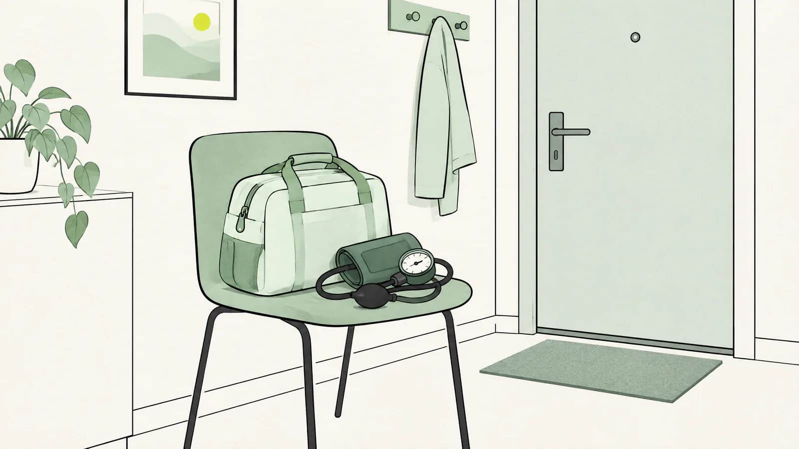Illustration: Pflegetasche und Blutdruckmessgerät auf einem Stuhl im Flur neben einer Wohnungstür