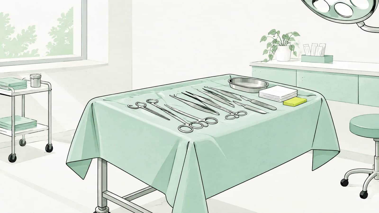 Illustration: Chirurgisches Instrumentenschälchen unter einem sterilen Tuch in einem hellen Behandlungsraum