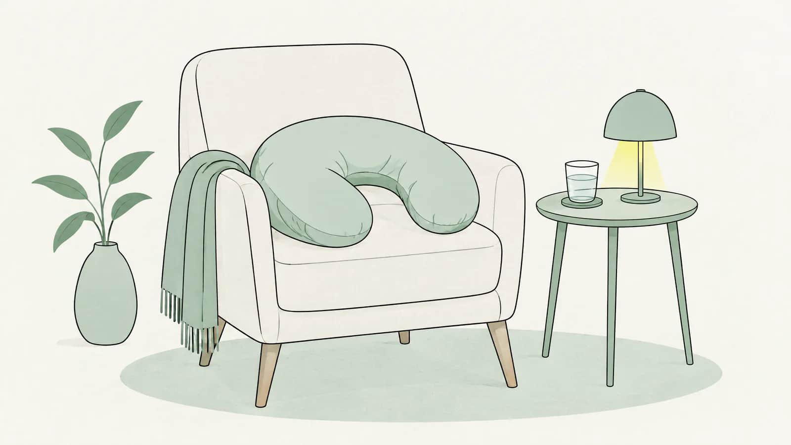 Illustration: Stillkissen auf einem Sessel neben einem Glas Wasser und einer kleinen Leselampe