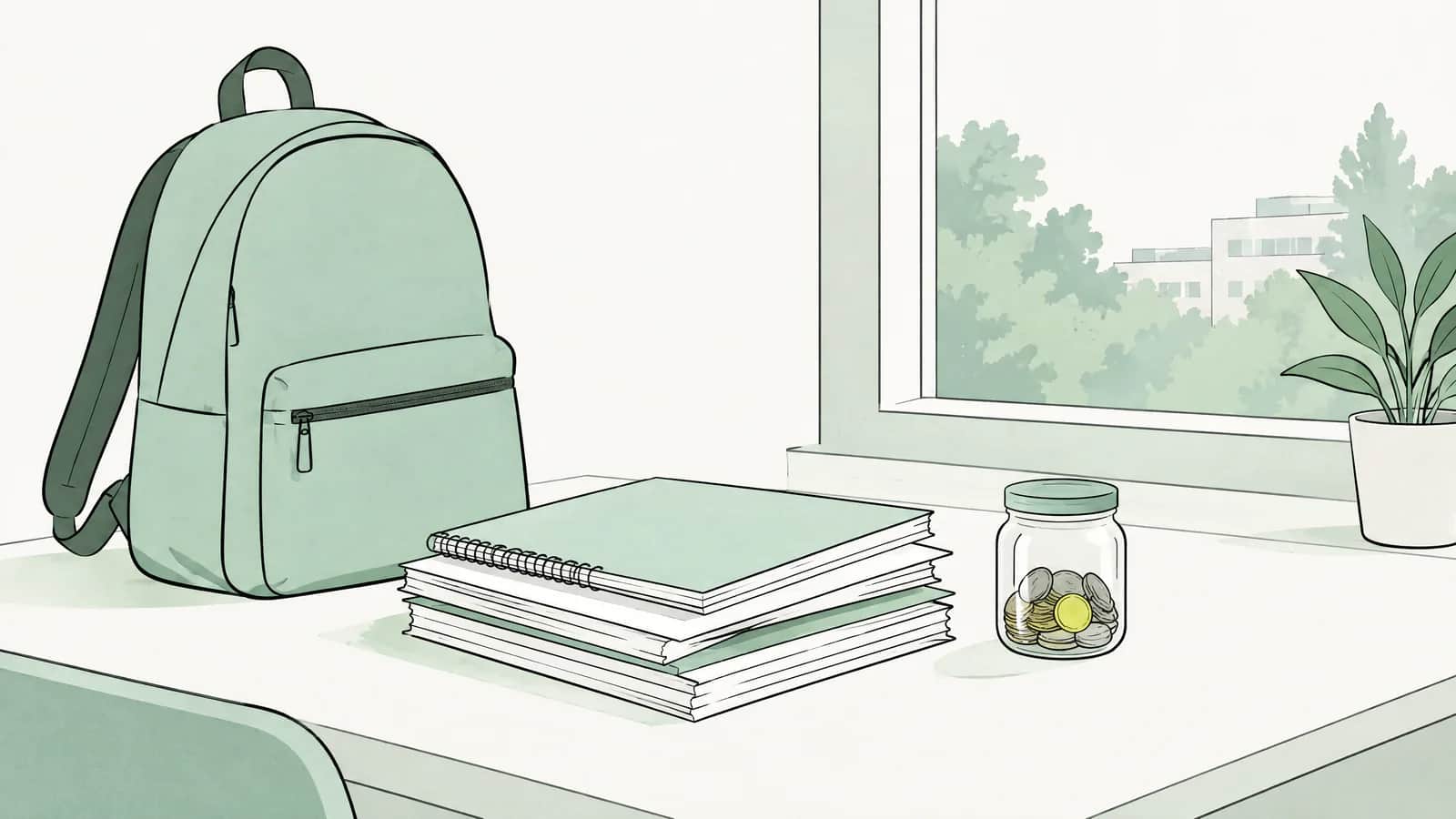 Illustration: Rucksack, Stapel Vorlesungsnotizen und kleines Münzglas auf einem Schreibtisch am Fenster