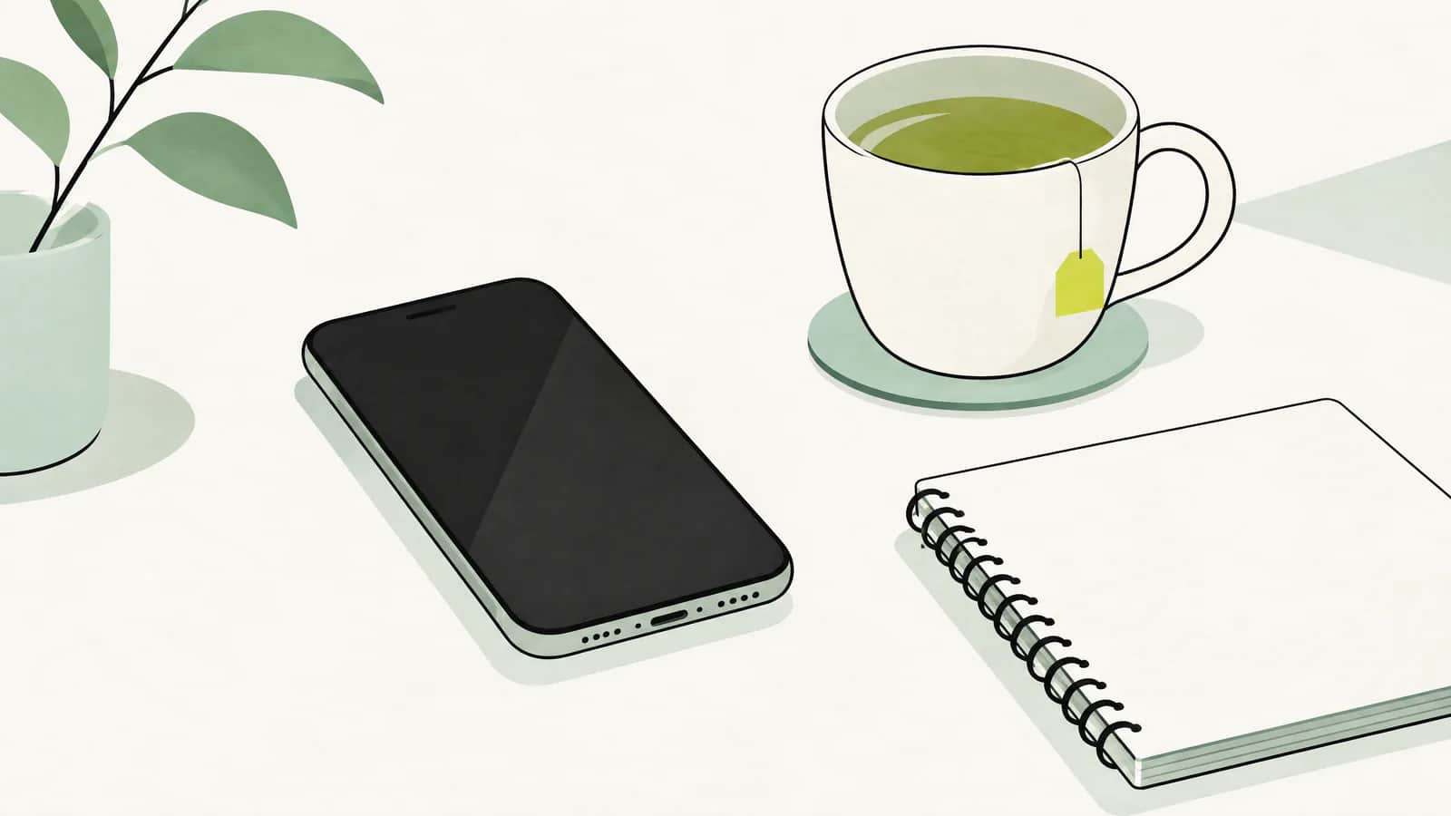 Illustration: Smartphone mit dunklem Bildschirm auf einem Schreibtisch neben Notizblock und Teetasse im Abendlicht
