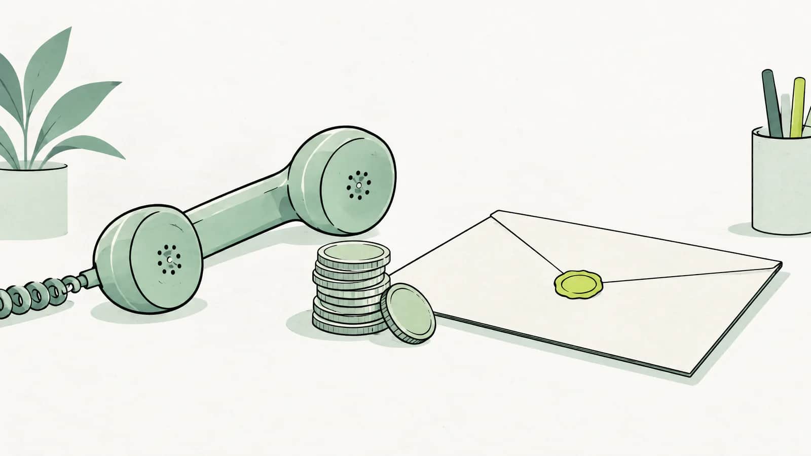 Illustration: Telefonhörer neben einem Münzstapel und einem versiegelten Vertragsumschlag auf einem Schreibtisch