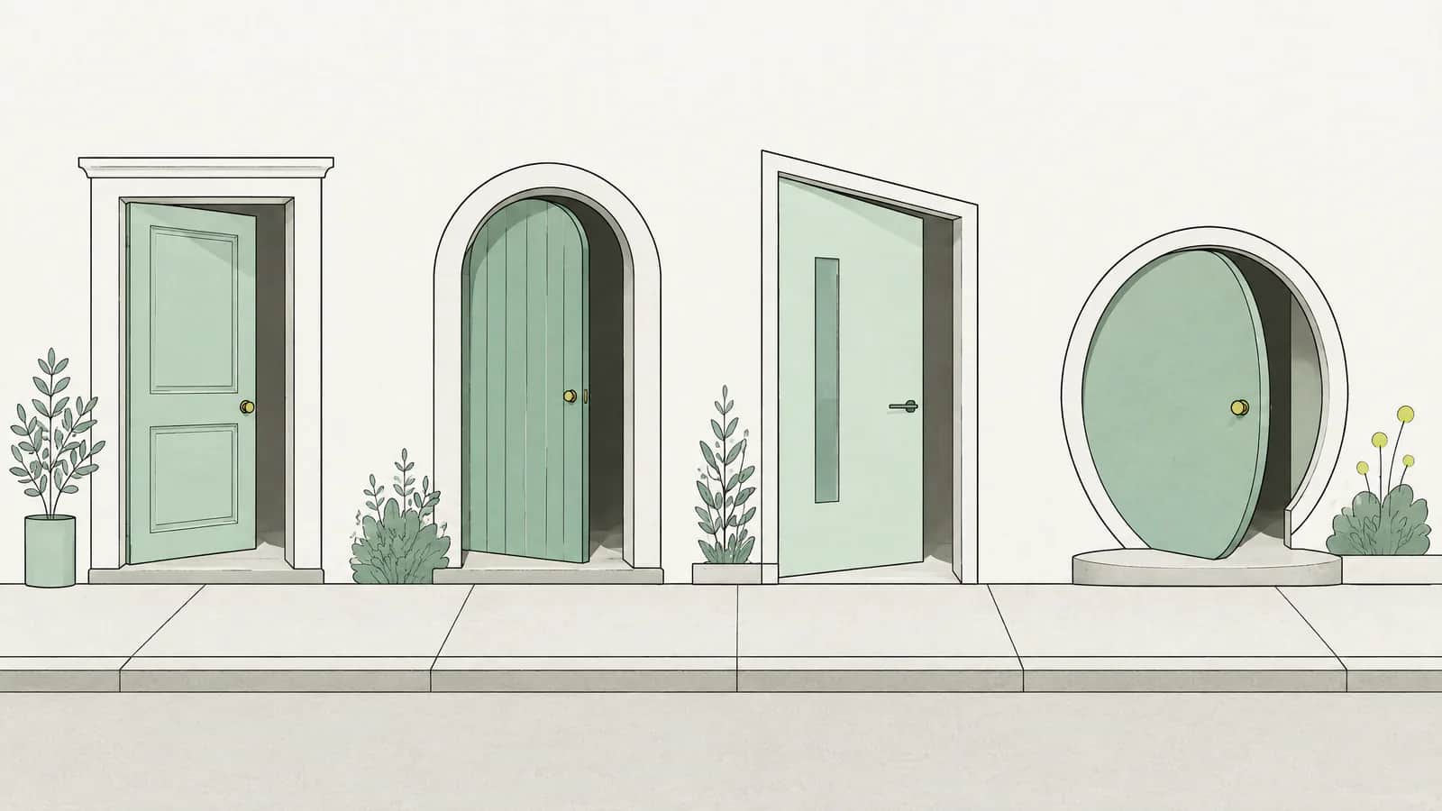 Illustration: Vier unterschiedlich geformte, leicht geöffnete Türen nebeneinander an einer Modellstrasse im weichen Tageslicht