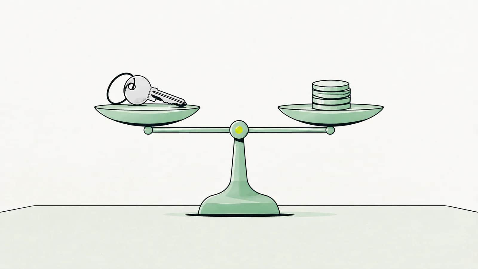 Illustration: Waage auf einem Schreibtisch, links ein Hausschlüssel, rechts ein kleiner Stapel Münzen