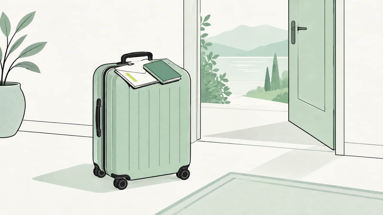 Illustration: Koffer neben offener Tür, obenauf ein gefalteter Abmeldebrief und ein passähnliches Notizbuch