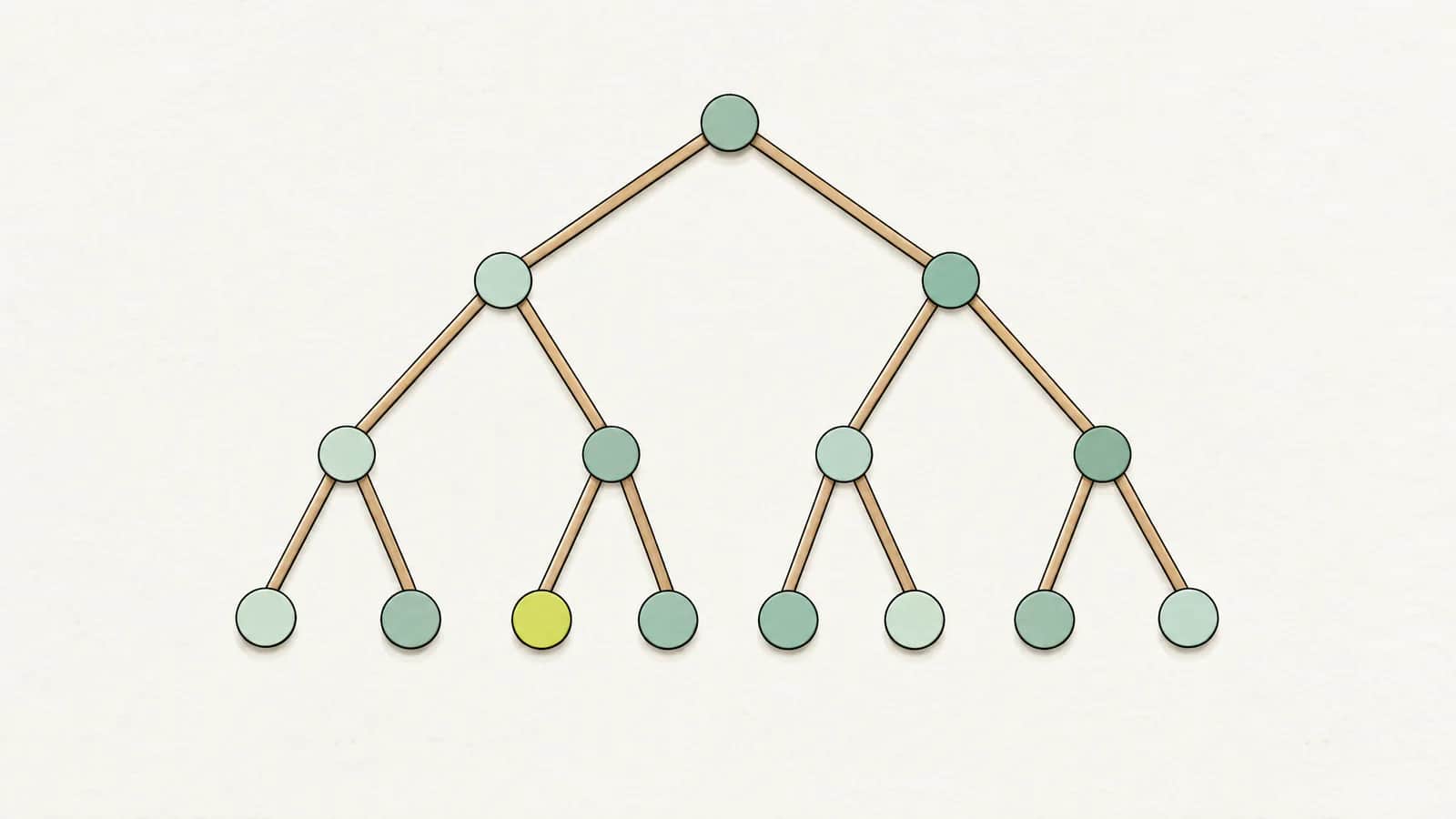 Illustration: Entscheidungsbaum aus Holzstäbchen auf einem Tisch, die Äste enden in kleinen farbigen Spielsteinen