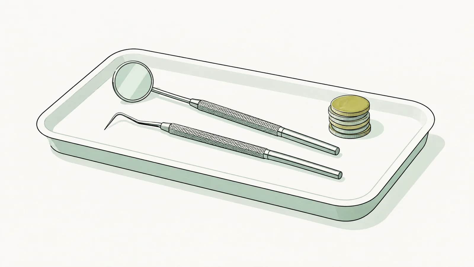 Illustration: Zahnarztspiegel und Sonde auf einem weissen Tablett neben einem kleinen Münzstapel