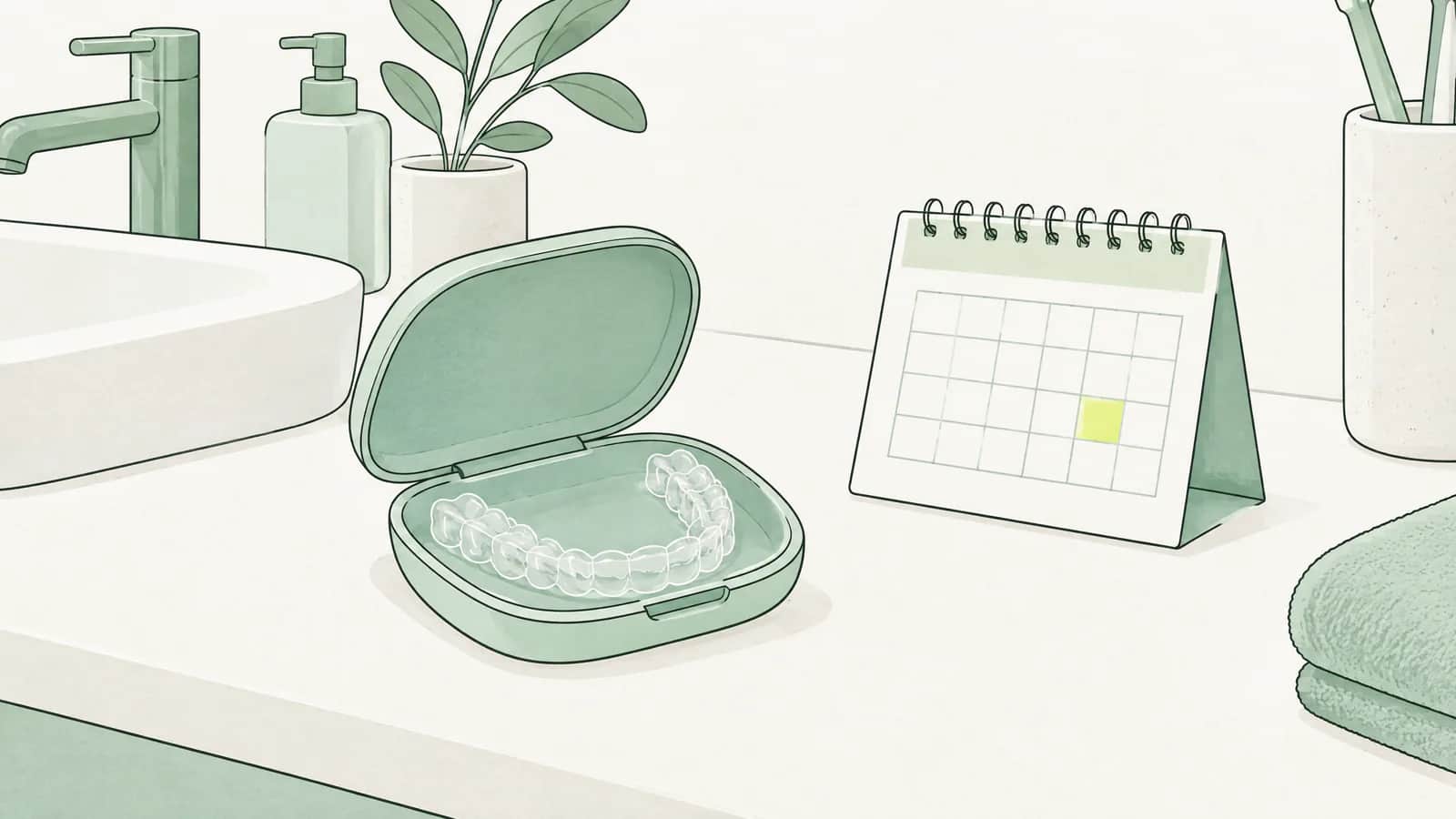 Illustration: Durchsichtige Zahnschiene in einem offenen Etui neben einem kleinen Kalender auf der Badezimmerablage