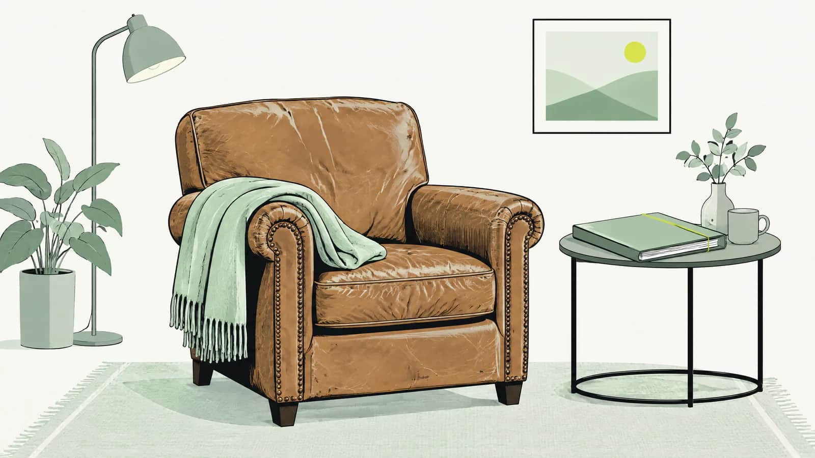Illustration: Ein abgenutzter Ledersessel mit gefalteter Decke, daneben ein Beistelltisch mit einem Versicherungsordner