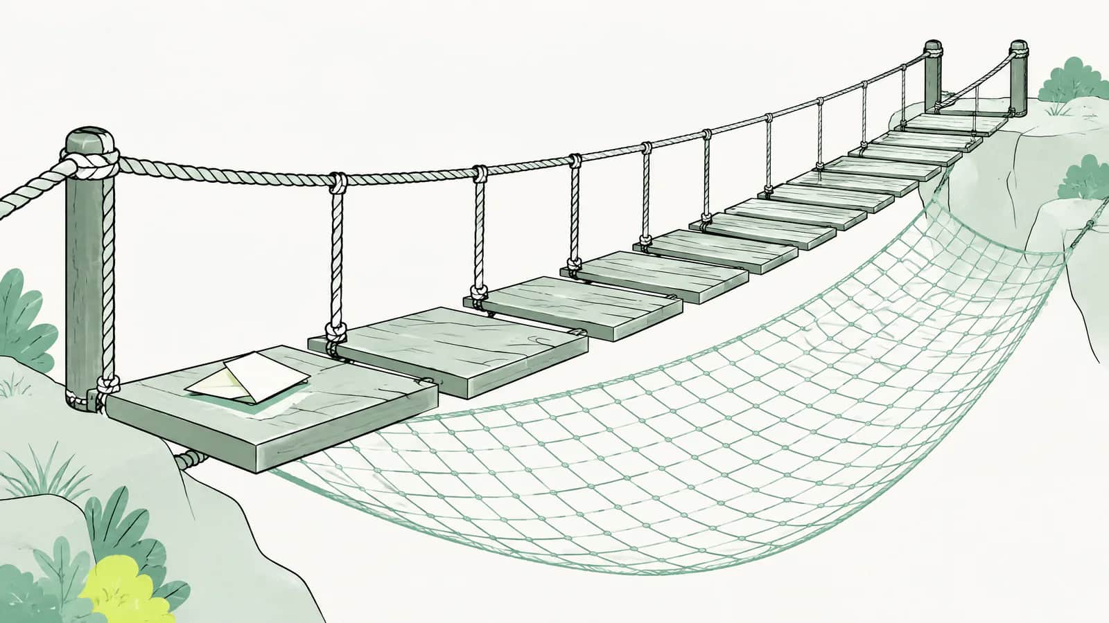Illustration: Sicherheitsnetz unter einer Hängebrücke aus Seilen, auf dem ersten Brett liegt ein gefalteter Brief