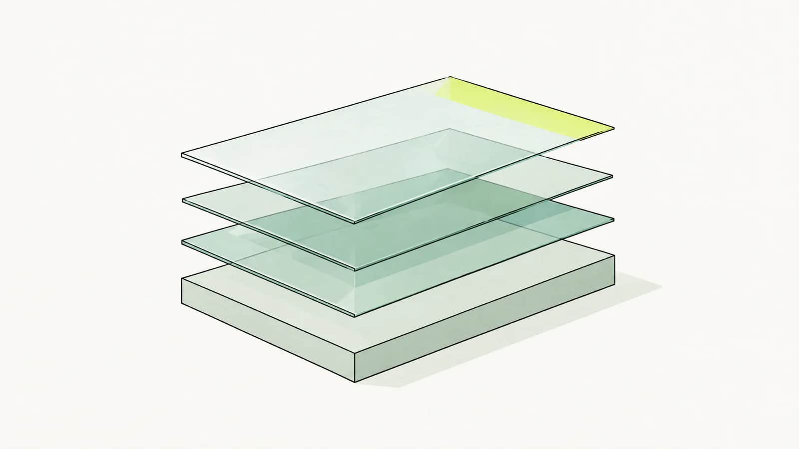 Illustration: Gestapelte Schichten aus farbigem Glas über einer festen Grundplatte als Sinnbild für Zusatzschutz