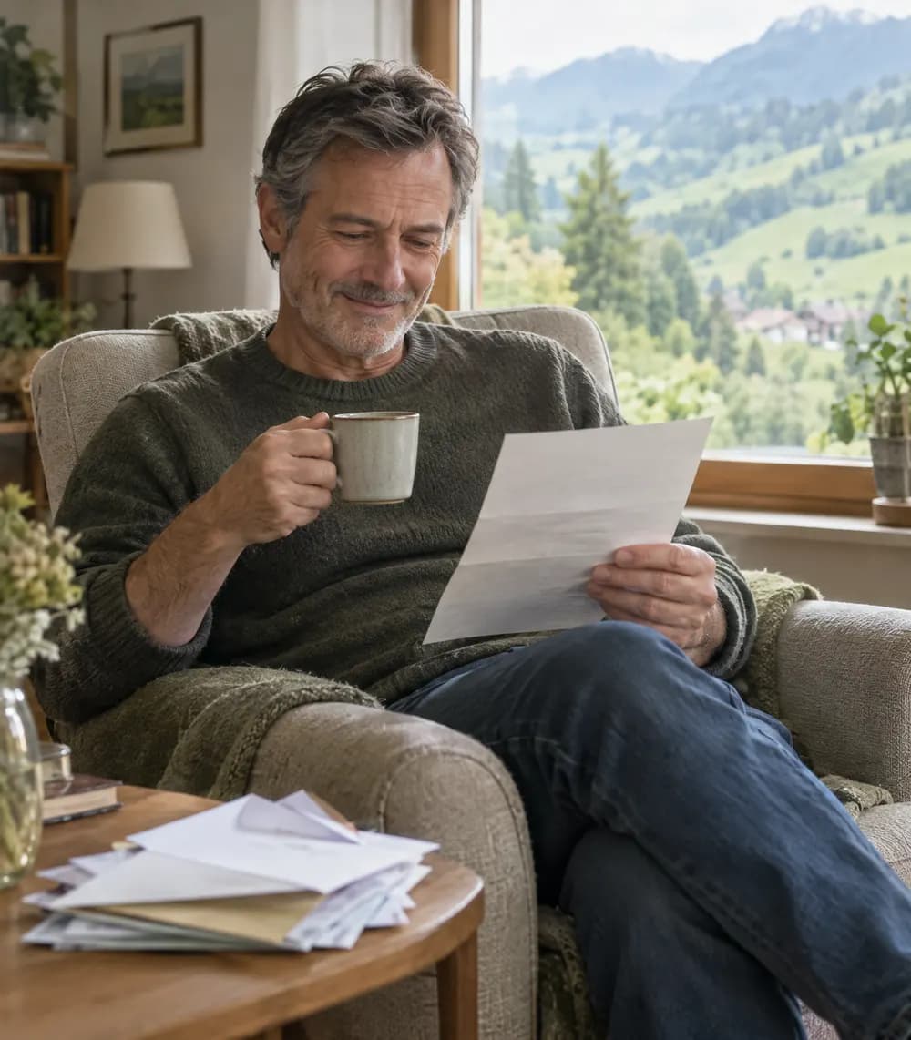 Ein Mann sitzt im Sessel am Fenster, trinkt Kaffee und liest lächelnd einen Brief.