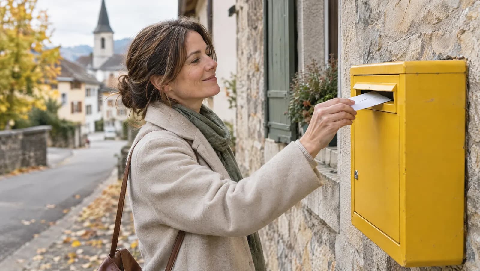 Eine Frau wirft einen Brief in einen gelben Briefkasten an einer Hausmauer.