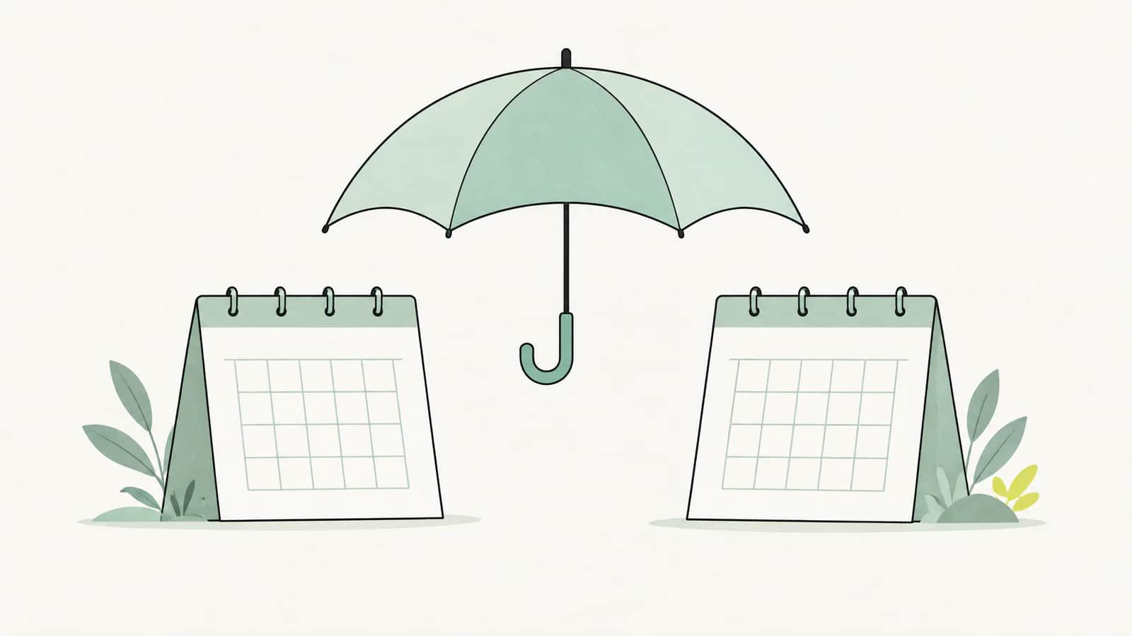 Illustration: Ein aufgespannter Regenschirm überbrückt die Lücke zwischen zwei Kalenderblättern