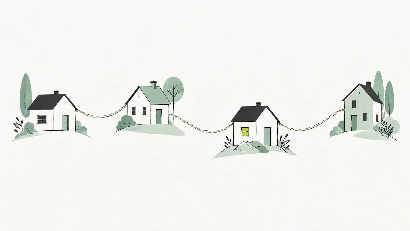 Illustration: Mehrere kleine Häuser, die mit einem feinen gewobenen Faden verbunden sind