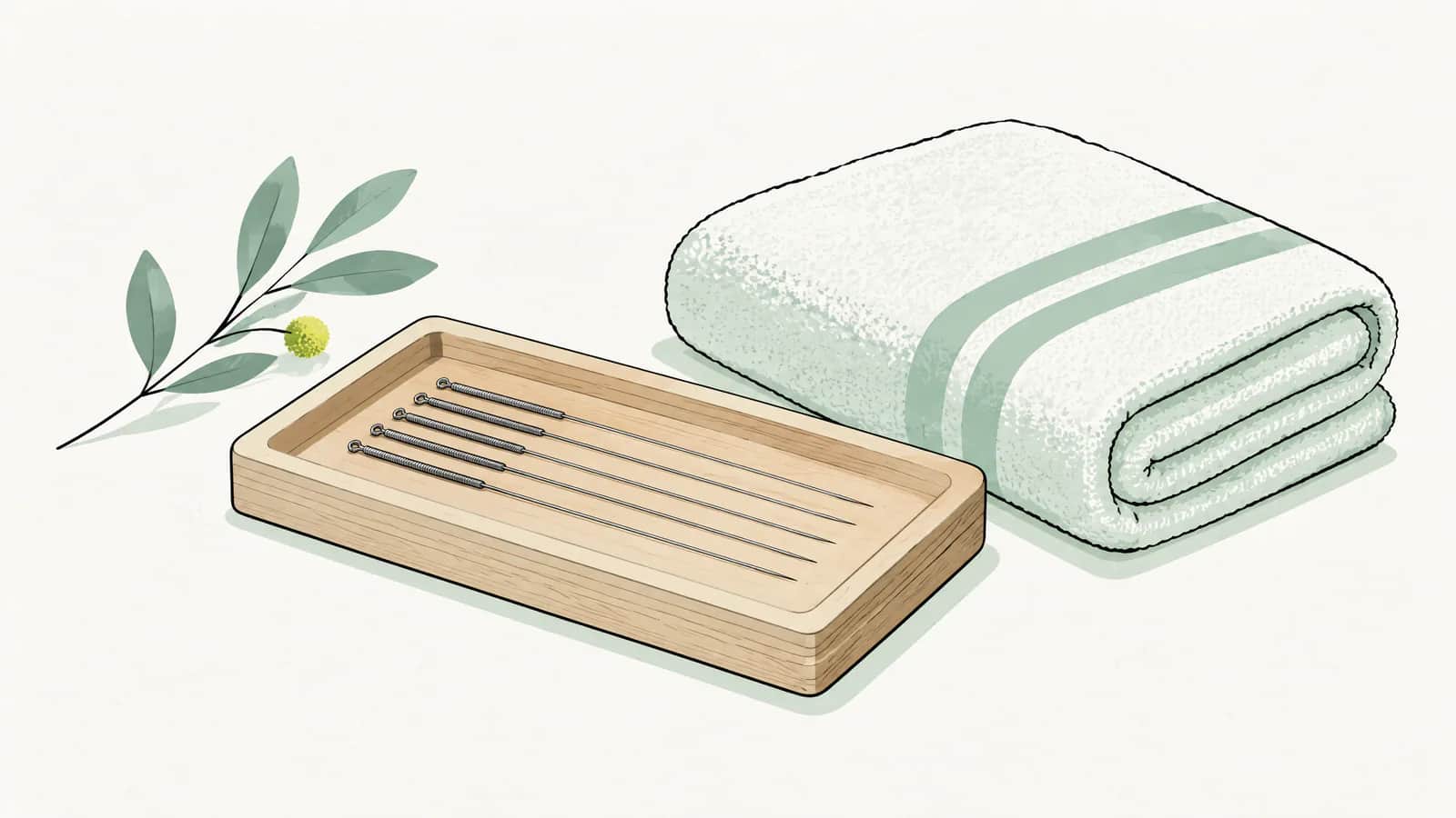 Illustration: Feine Nadeln in einer kleinen Holzschale neben einem gefalteten Handtuch