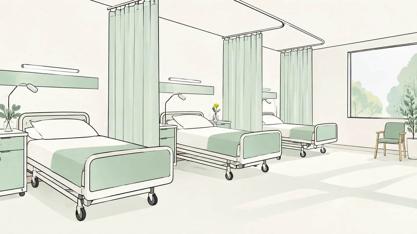Illustration: Spitalzimmer mit mehreren Betten, getrennt durch helle, halb zugezogene Vorhänge