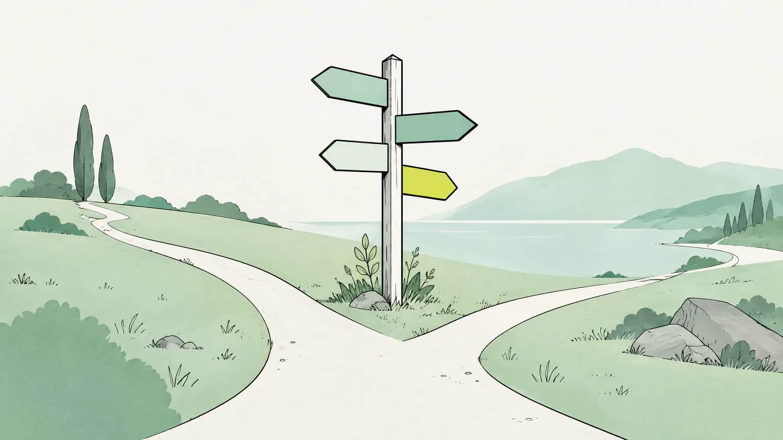 Illustration: mehrere Wege, die von einem einzelnen Wegweiser in eine ruhige Landschaft abzweigen