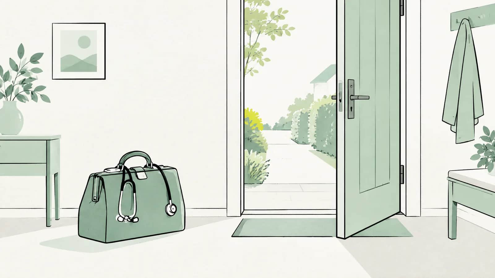 Illustration: Arzttasche neben einer offenen Haustür, die auf den Heimweg am gleichen Tag hinweist