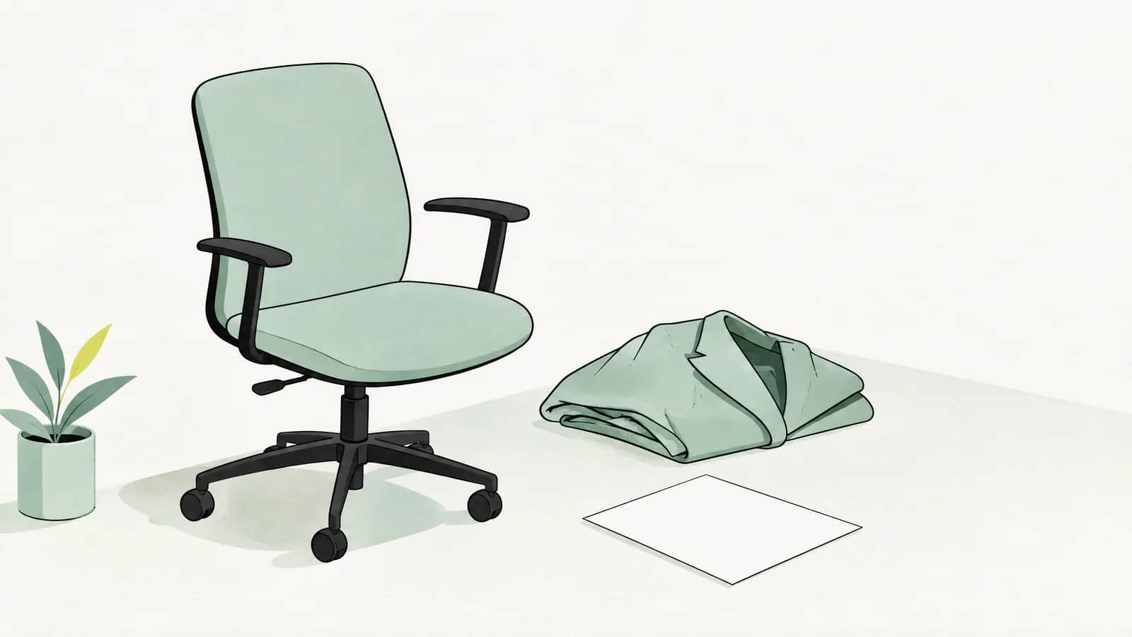 Illustration: Leerer Bürostuhl neben einer gefalteten Jacke und einem leeren Blatt für Stellenanzeigen