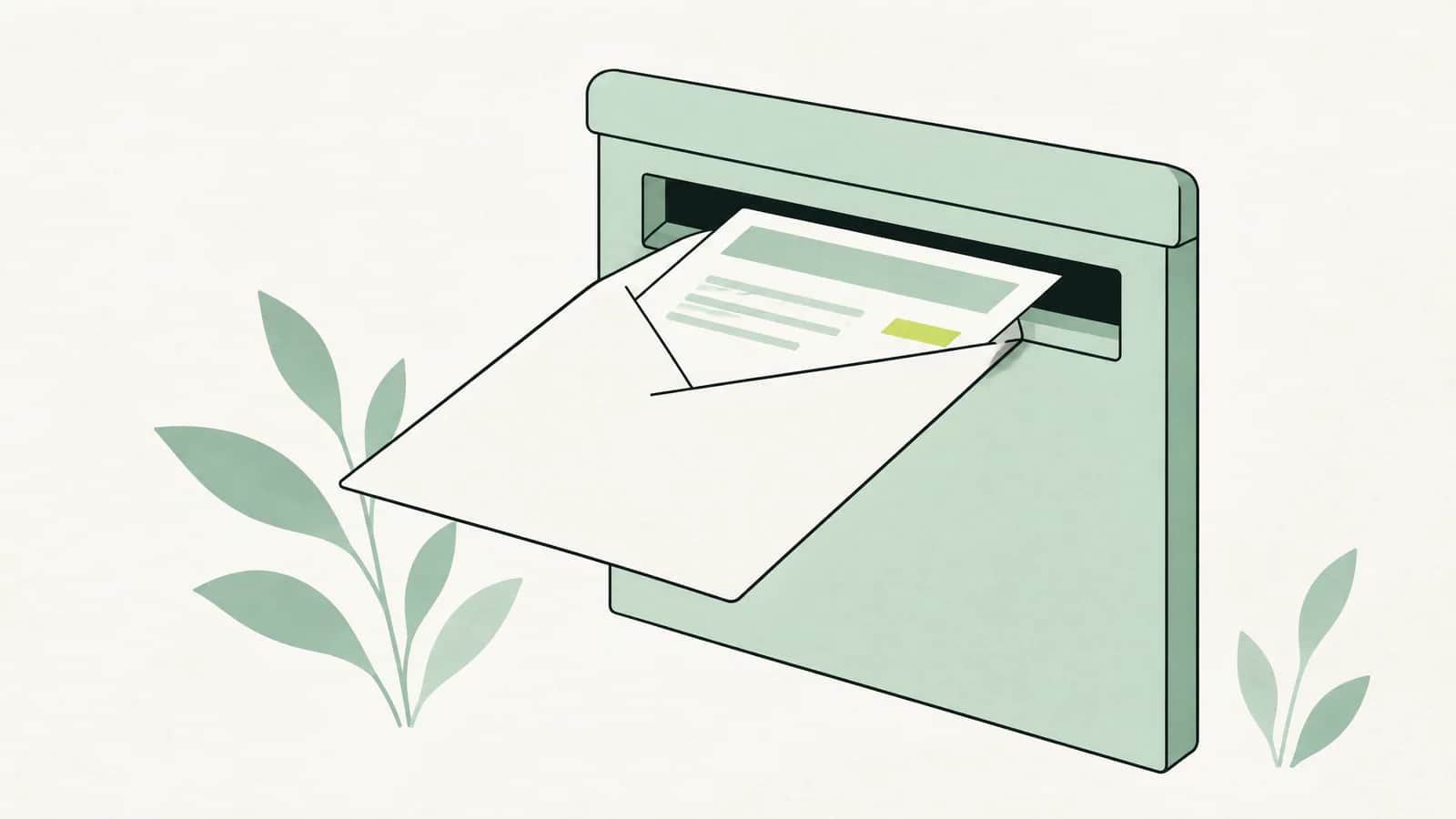 Illustration: Briefumschlag mit einer Rechnung darin gleitet in den Schlitz eines Briefkastens