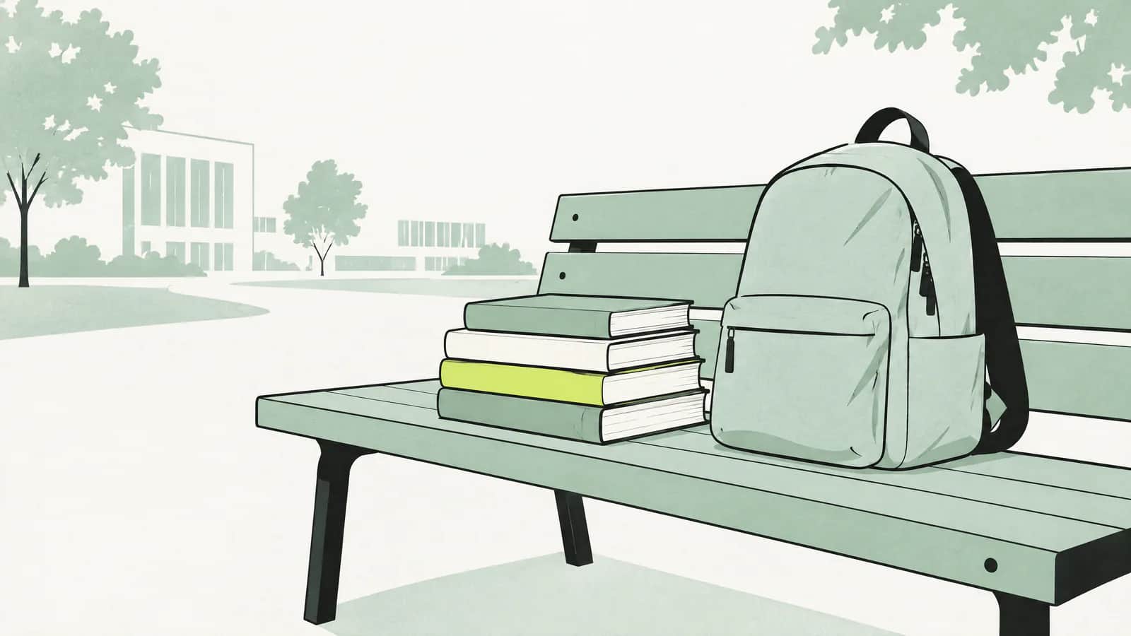 Illustration: Ein Stapel Bücher und ein Rucksack auf einer Bank vor einer Hochschule