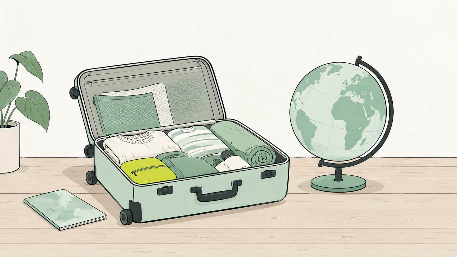 Illustration: Ein gepackter Koffer steht neben einem Globus auf einem ruhigen Holzboden