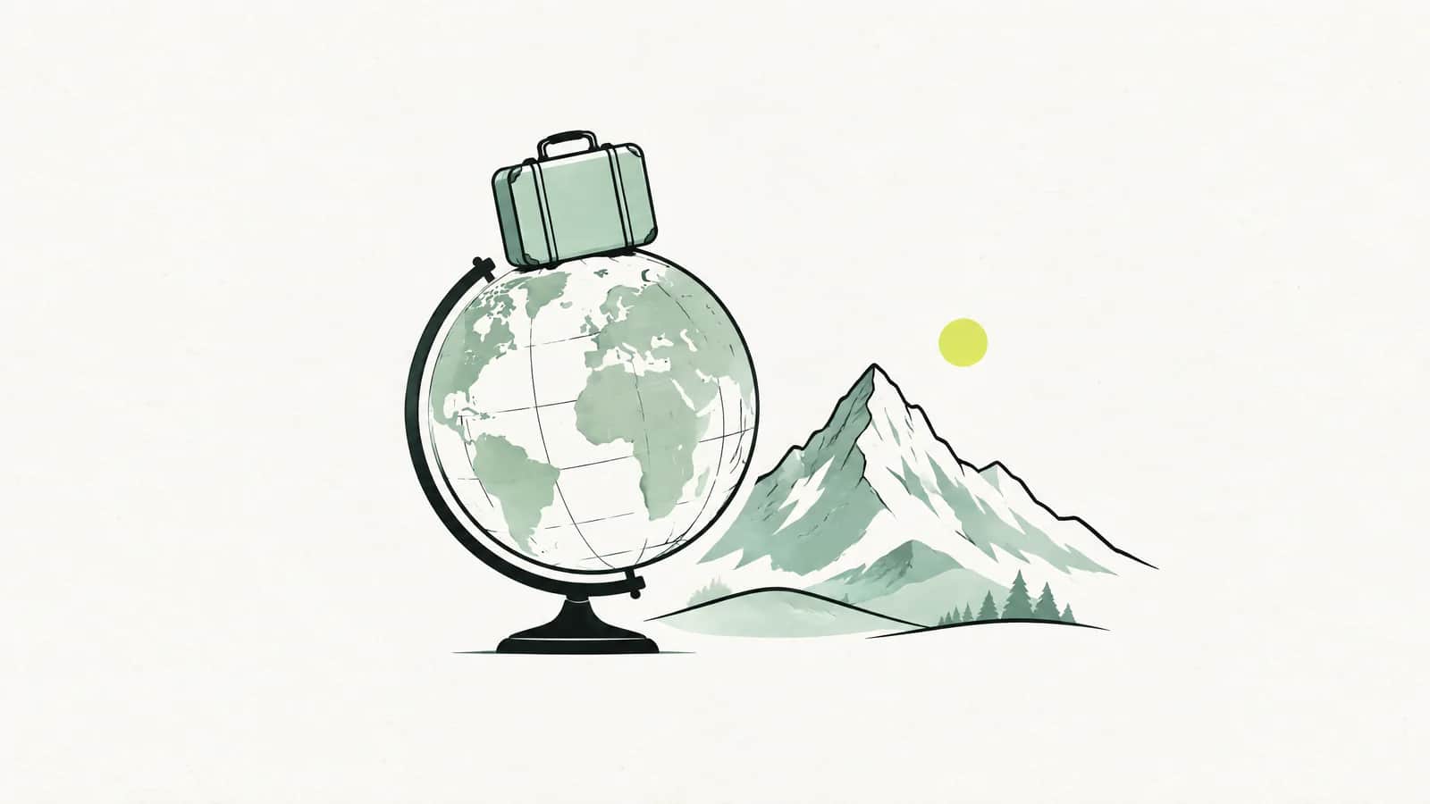 Illustration: kleiner Koffer auf einem Globus neben der Silhouette einer Bergkette