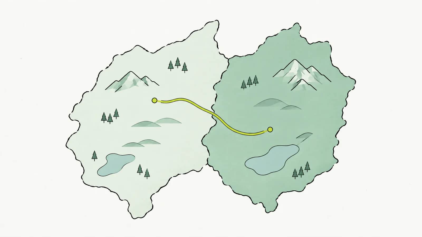 Illustration: Landkarte mit zwei Kantonsflächen und einem Weg, der die Grenze zwischen ihnen überquert
