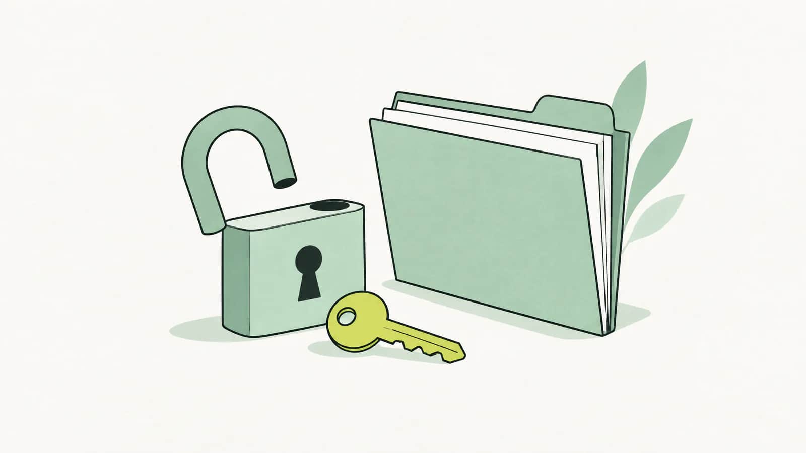 Illustration: Schlüssel liegt auf einem offenen Vorhängeschloss neben einer Dokumentenmappe