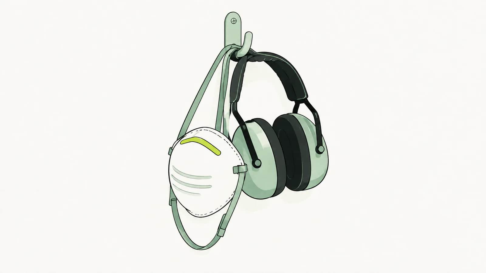Illustration: Staubmaske und Gehörschutz hängen nebeneinander an einem Wandhaken