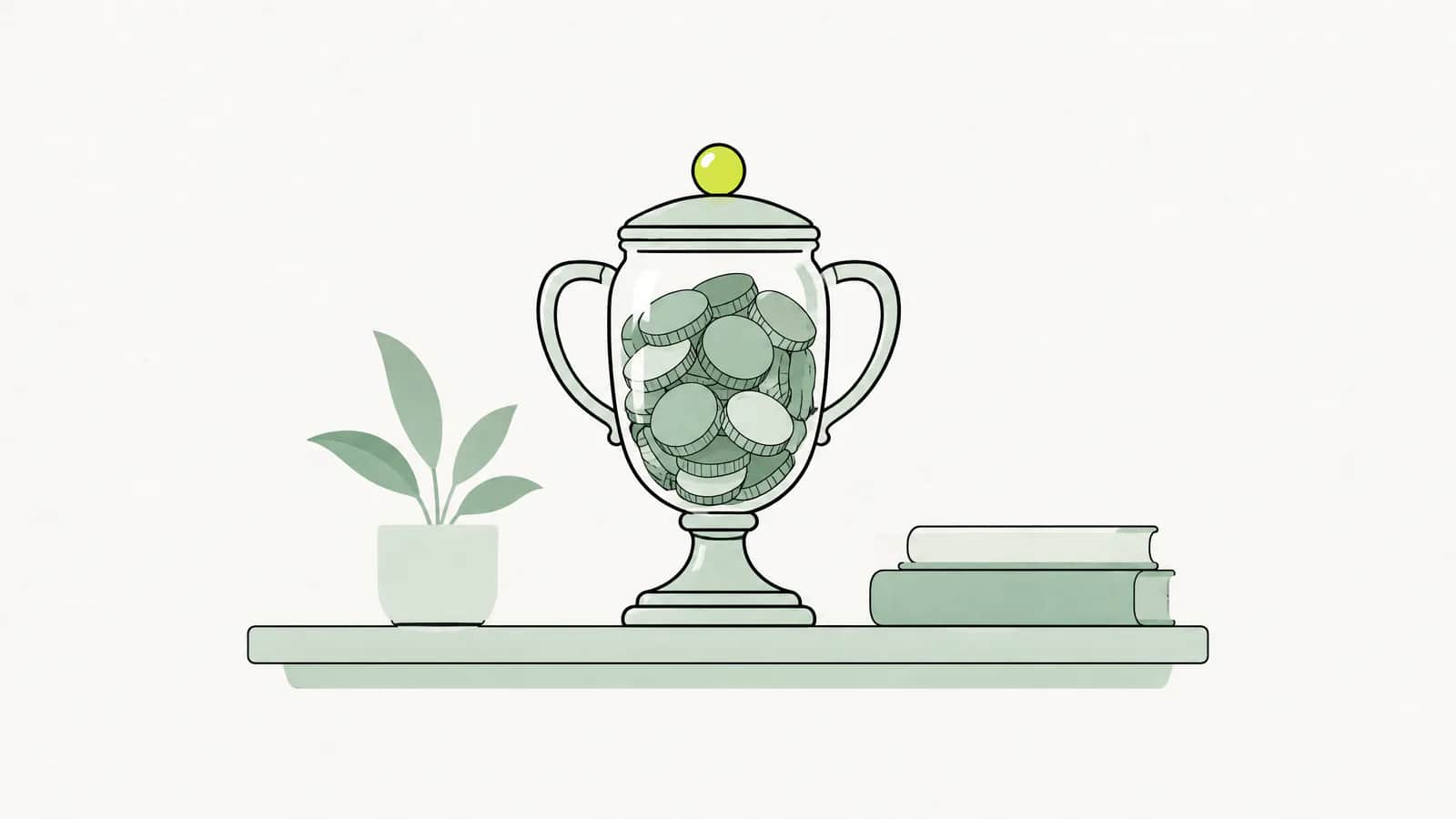 Illustration: kleines pokalförmiges Glas voller Münzen auf einem Regalbrett