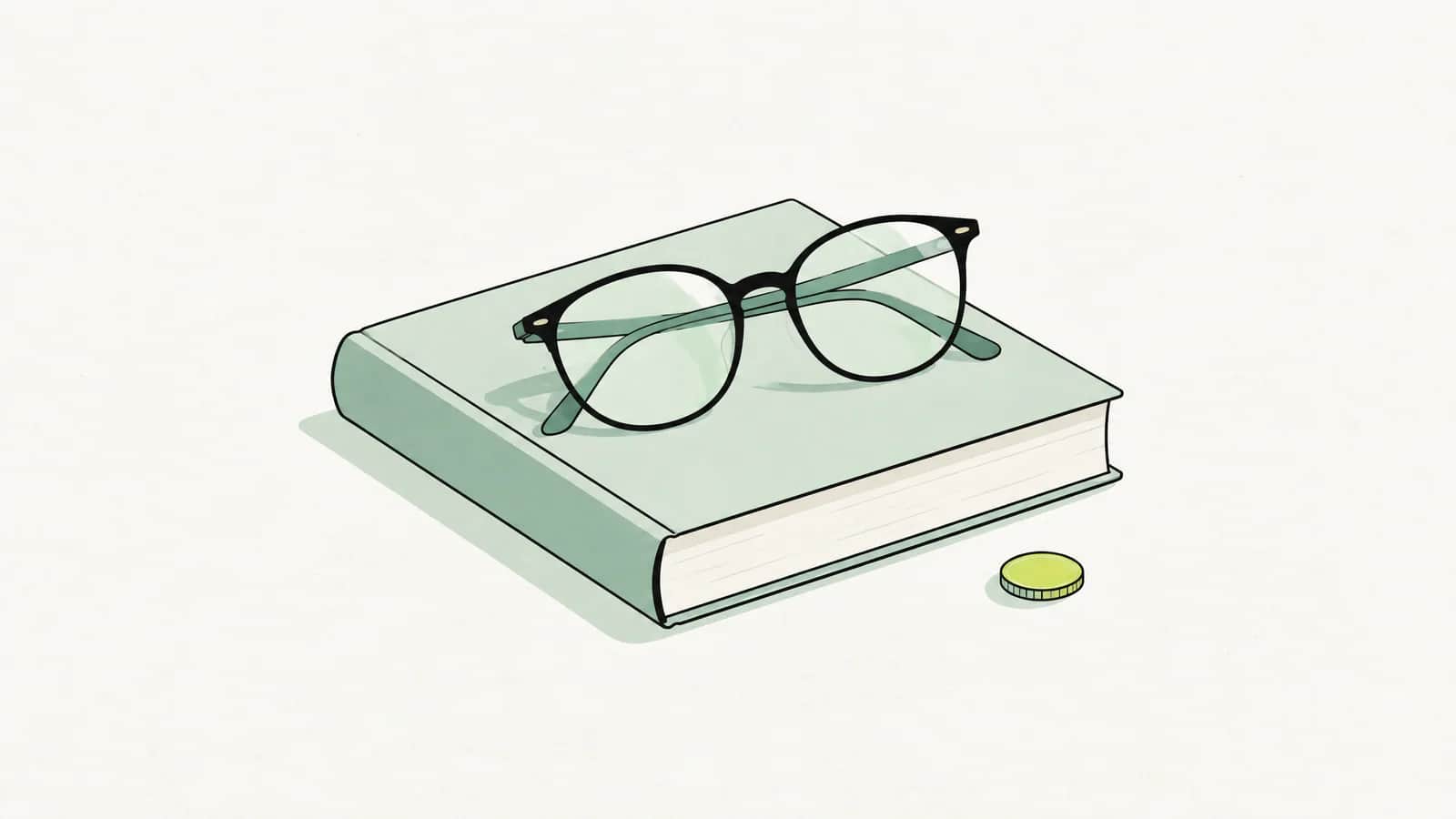 Illustration: Eine Brille liegt auf einem geschlossenen Buch, daneben eine kleine Münze