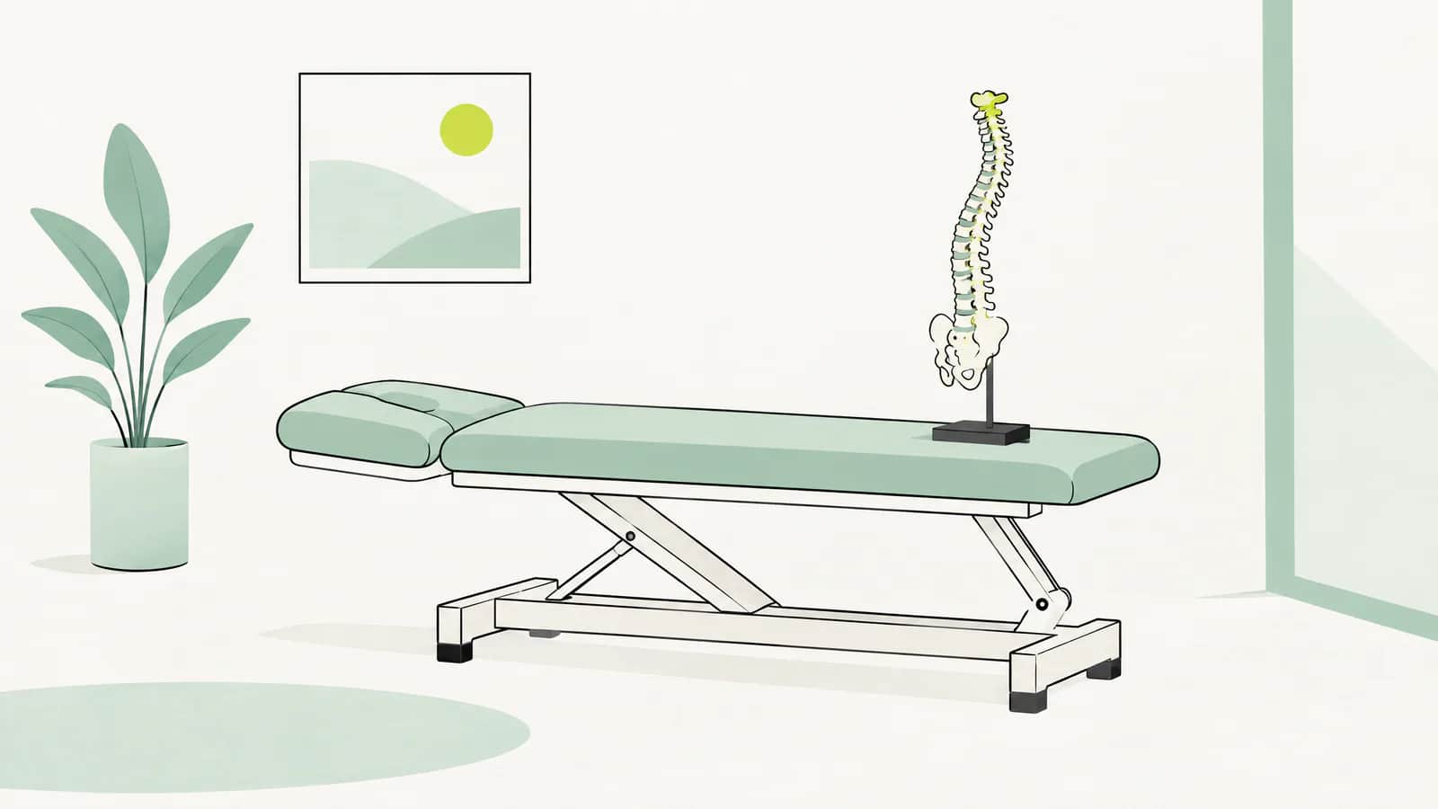 Illustration: Behandlungsliege, daneben ein kleines Modell der Wirbelsäule auf einem Ständer