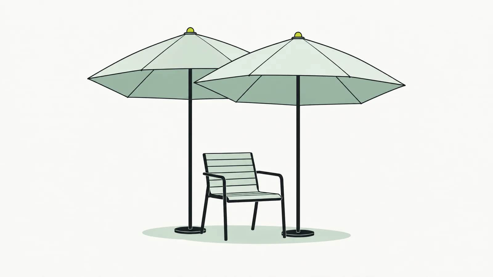 Illustration: Zwei gleiche Regenschirme überlappen sich über einem einzelnen Stuhl