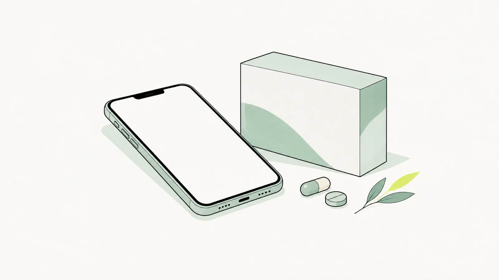 Illustration: Ein Smartphone mit leerem Bildschirm liegt neben einer Medikamentenschachtel