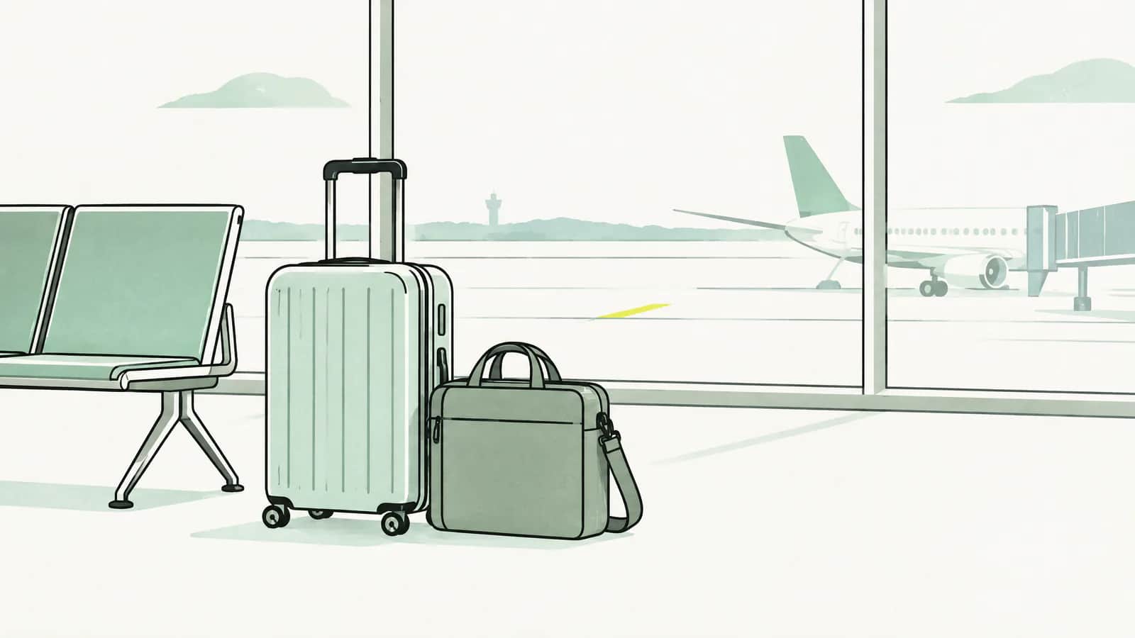 Illustration: Ein Koffer neben einer Laptoptasche an einem leeren Flughafen-Gate