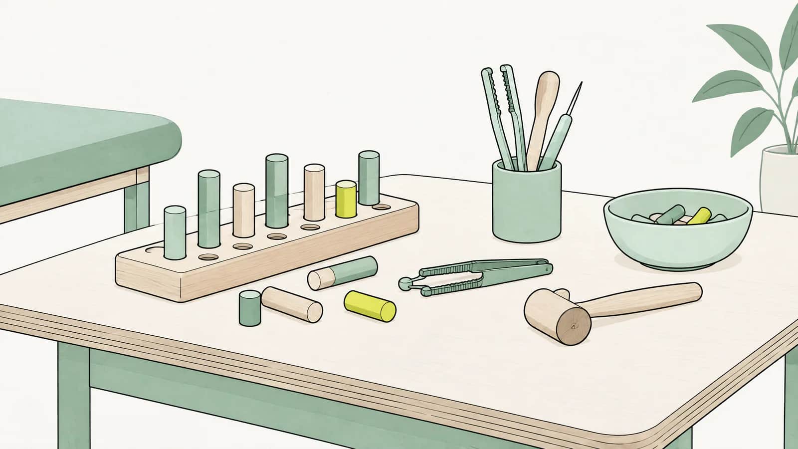 Illustration: Holzstifte und kleine Werkzeuge liegen geordnet auf einem Therapietisch