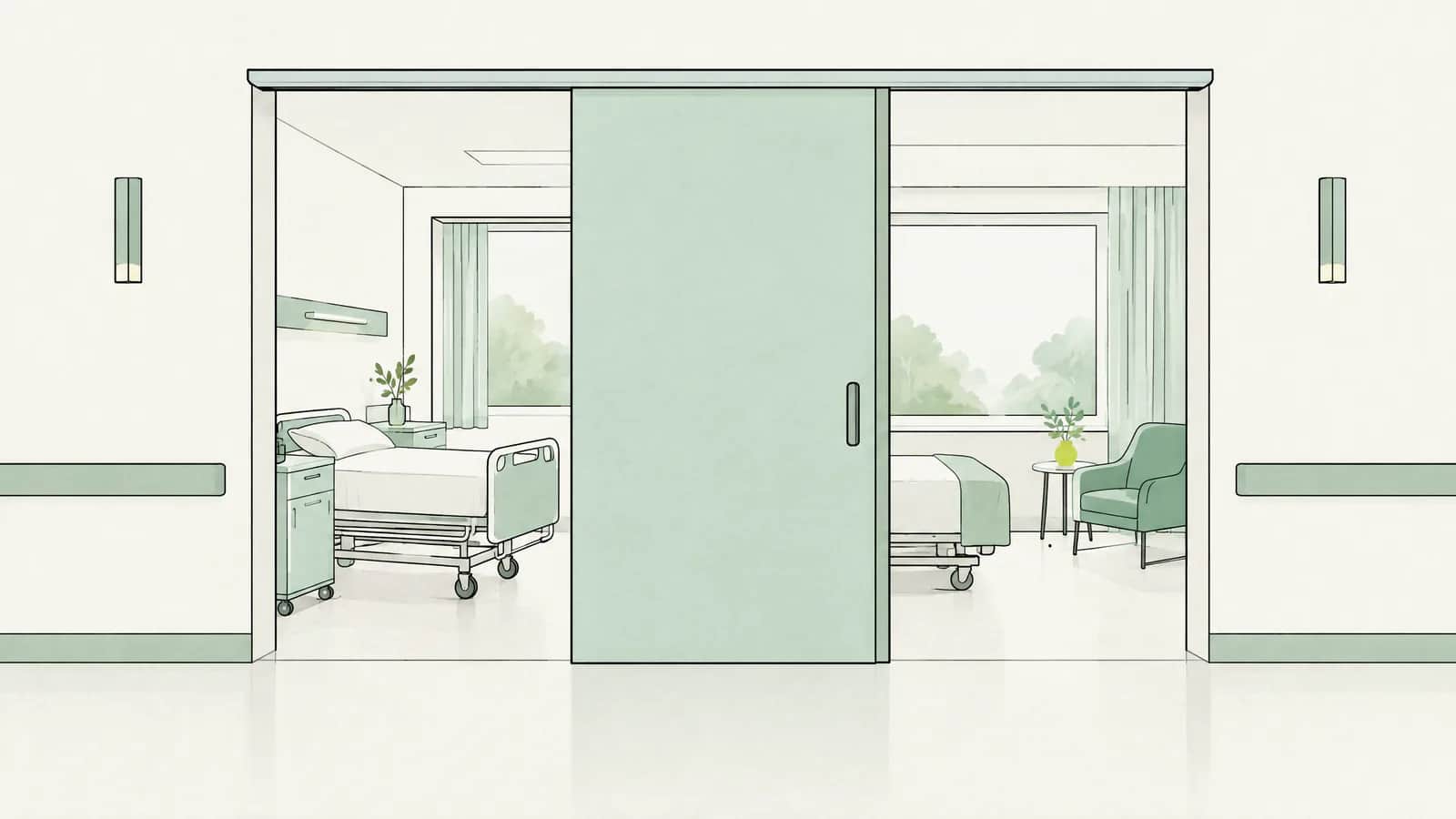 Illustration: verschiebbare Trennwand zwischen zwei Spitalzimmertypen in einem ruhigen Korridor