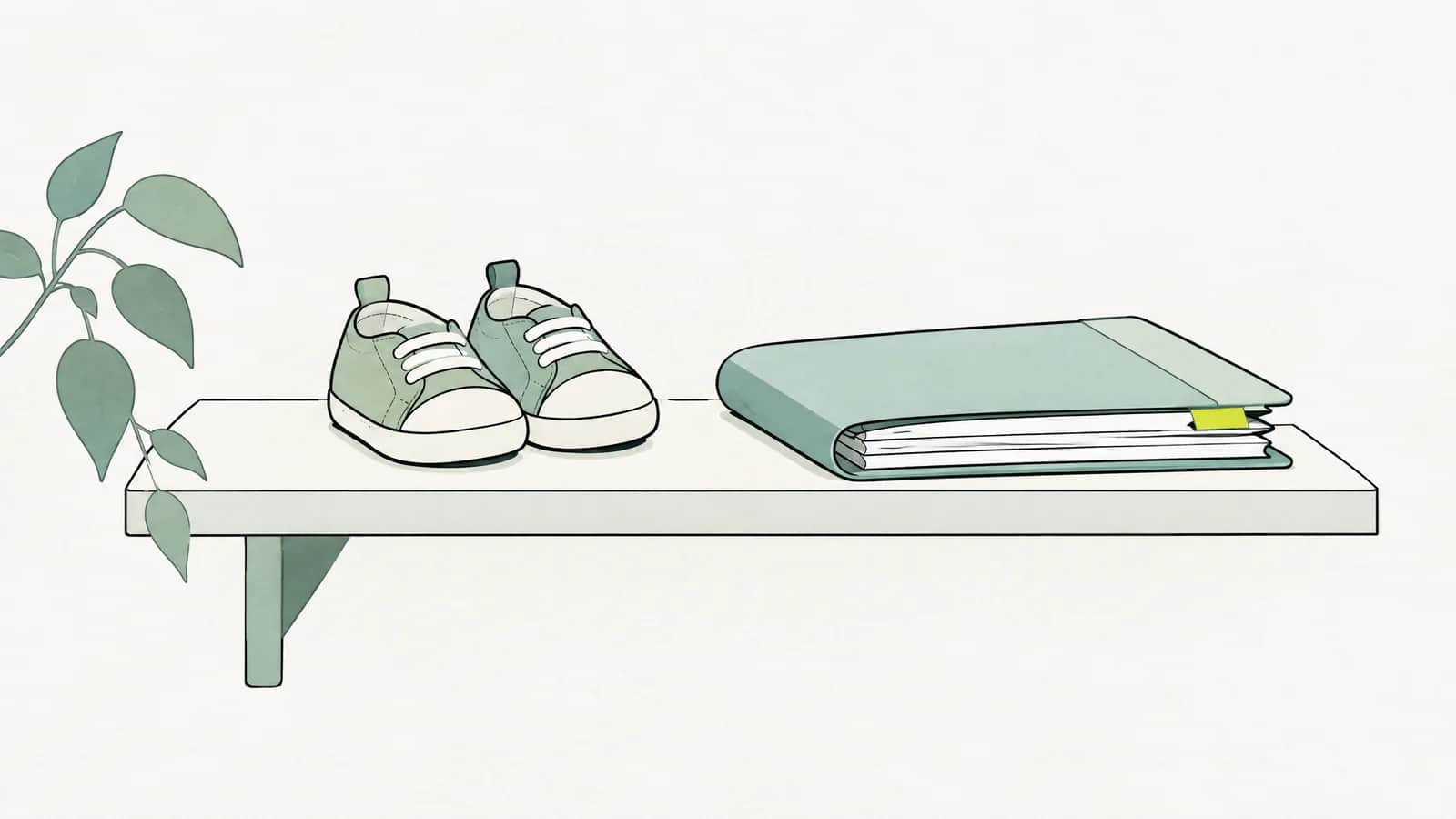 Illustration: kleines Paar Kinderschuhe neben einem gefalteten Dossier auf einem Regal