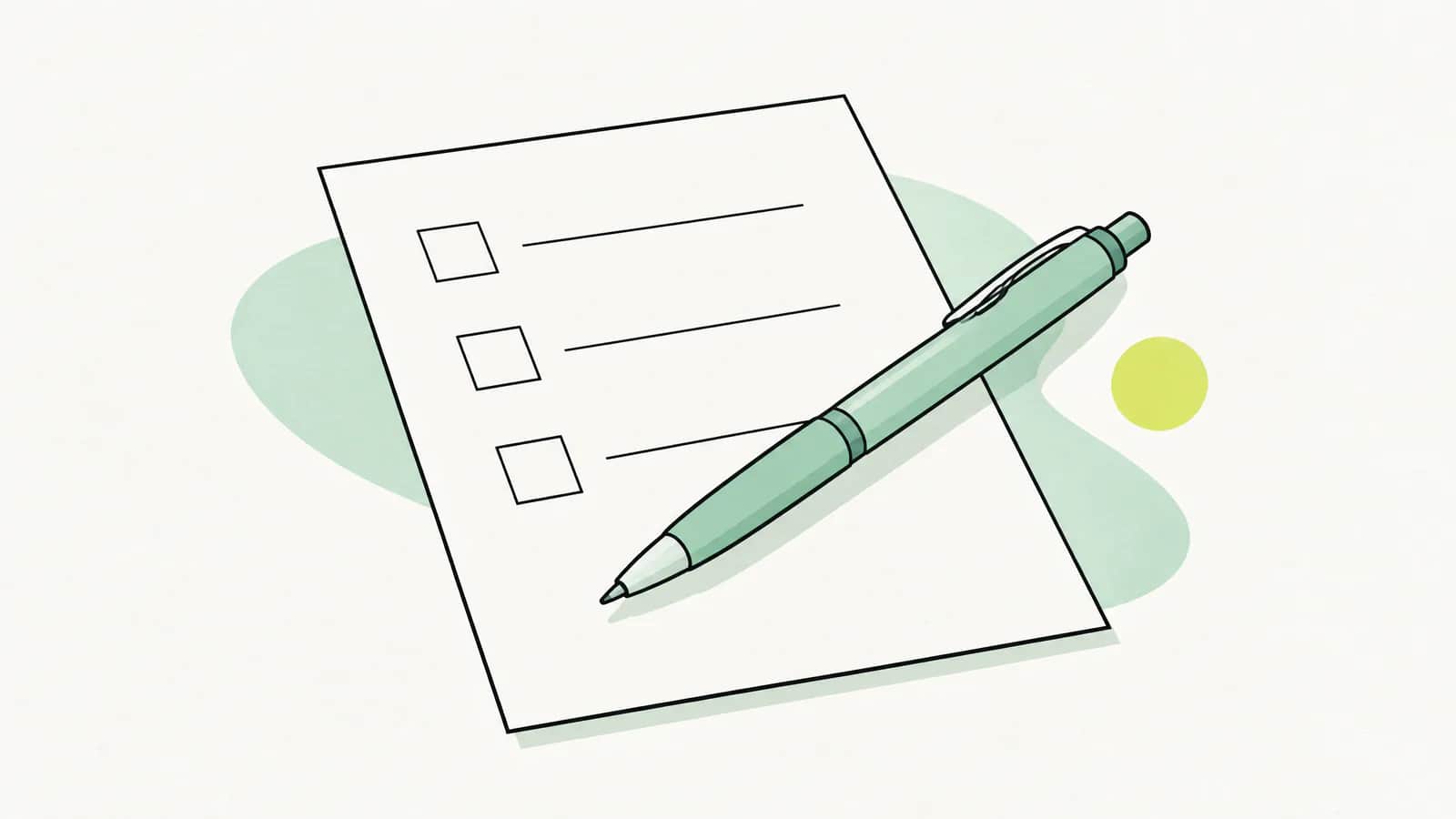 Illustration: Formular mit leeren Kästchen zum Ankreuzen, darüber liegt quer ein Kugelschreiber