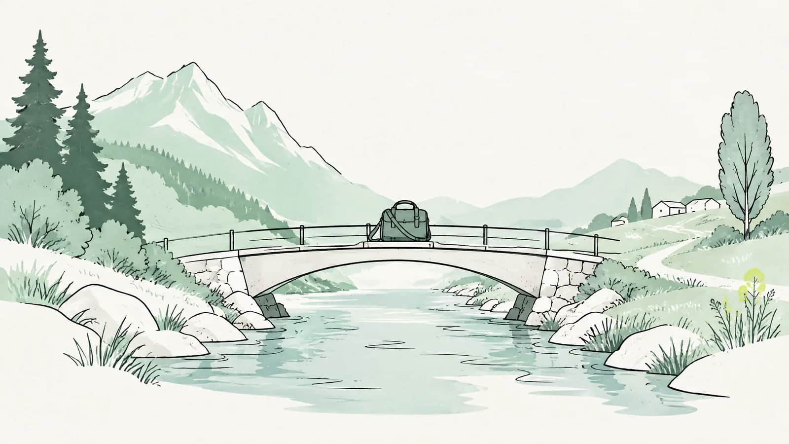 Illustration: Kleine Brücke über einen Fluss zwischen zwei Landschaften, darauf eine Pendlertasche