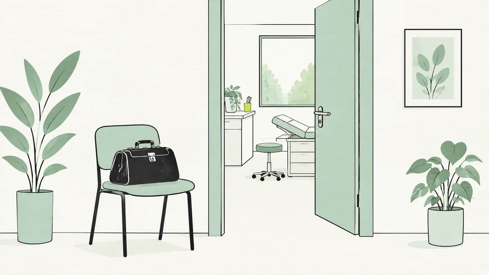 Illustration: offene Tür einer Arztpraxis, davor eine Arzttasche auf einem Holzstuhl